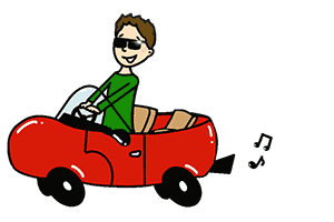 Animation im Comic-Style: Lukas sitzt mit Sonnenbrille in einem roten Cabrio